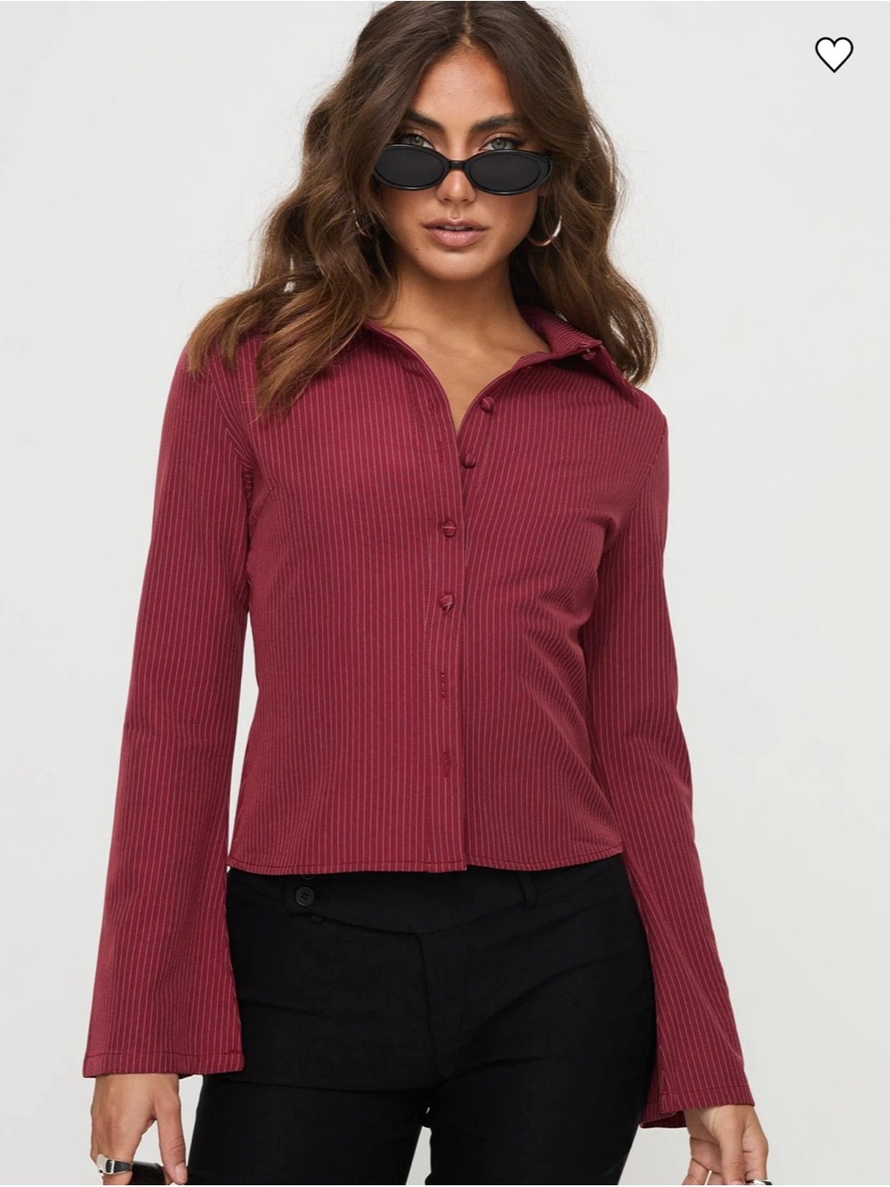 Ribbed Button-Front Long Sleeve Top - Wine